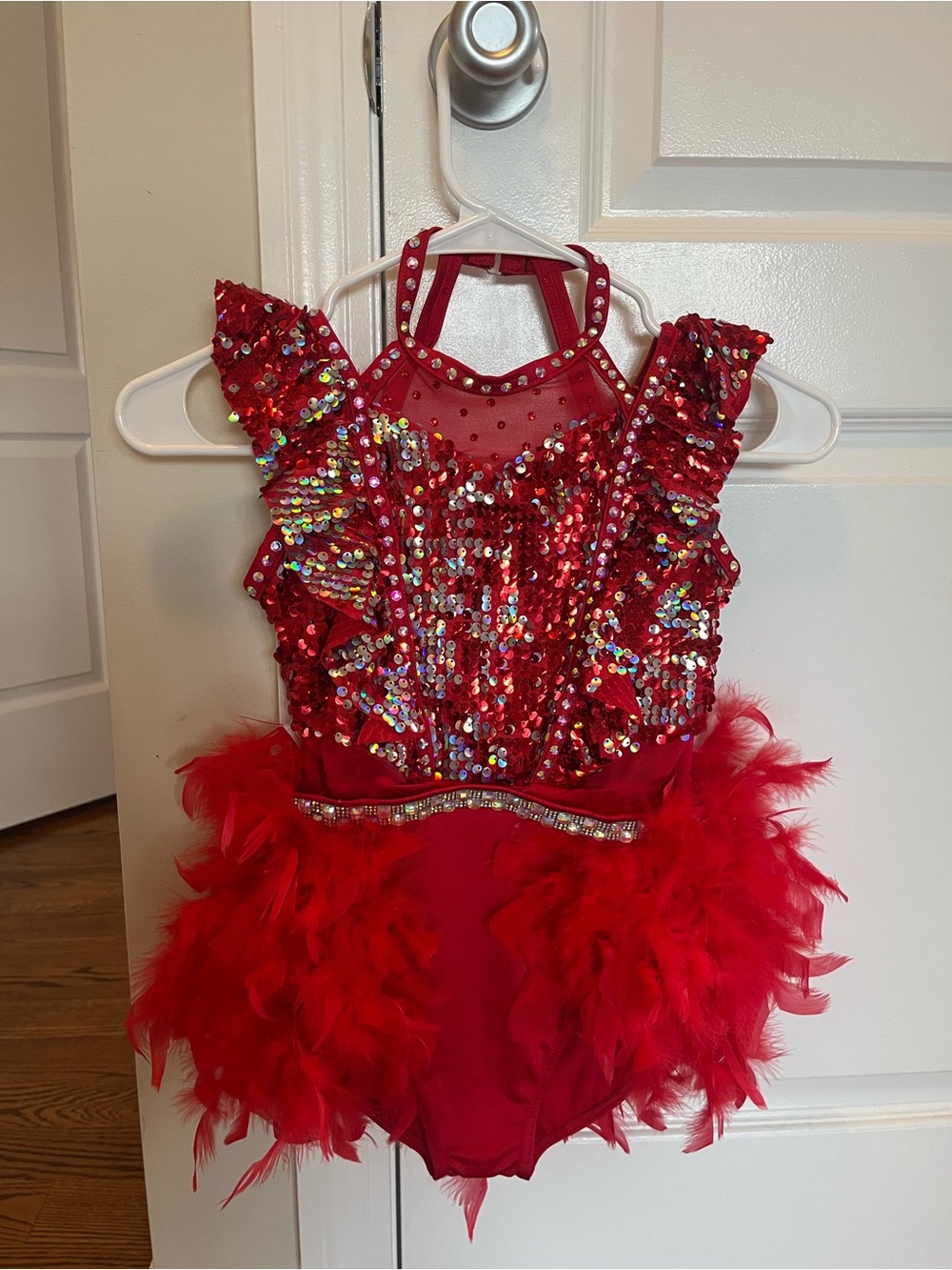 Weissman Red Sequin & Feather Dance Costume with added rhinestones - size IC